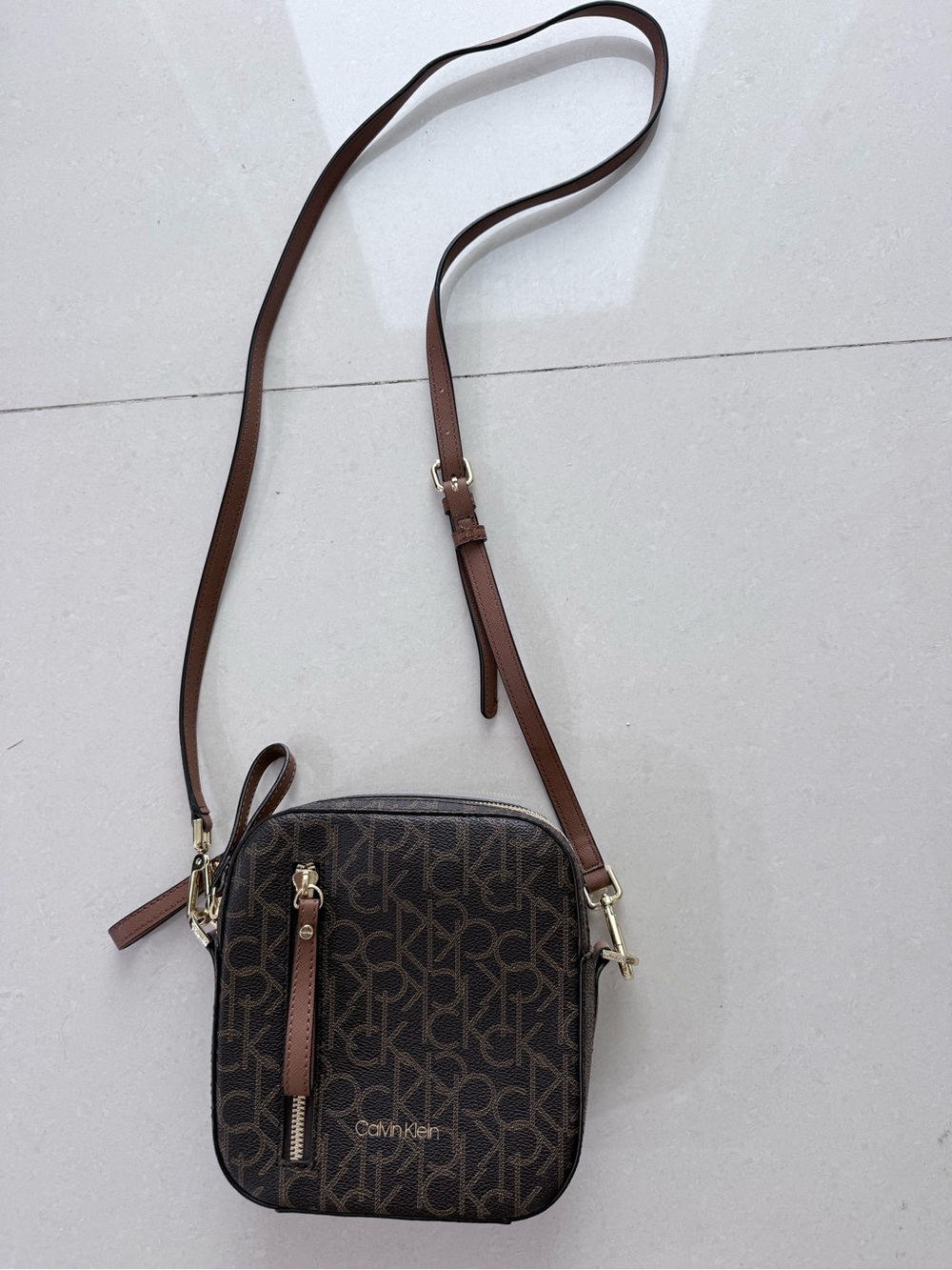 Calvin Klein Brown Monogram Square Crossbody with Tan Strap - Picture 2 of 7